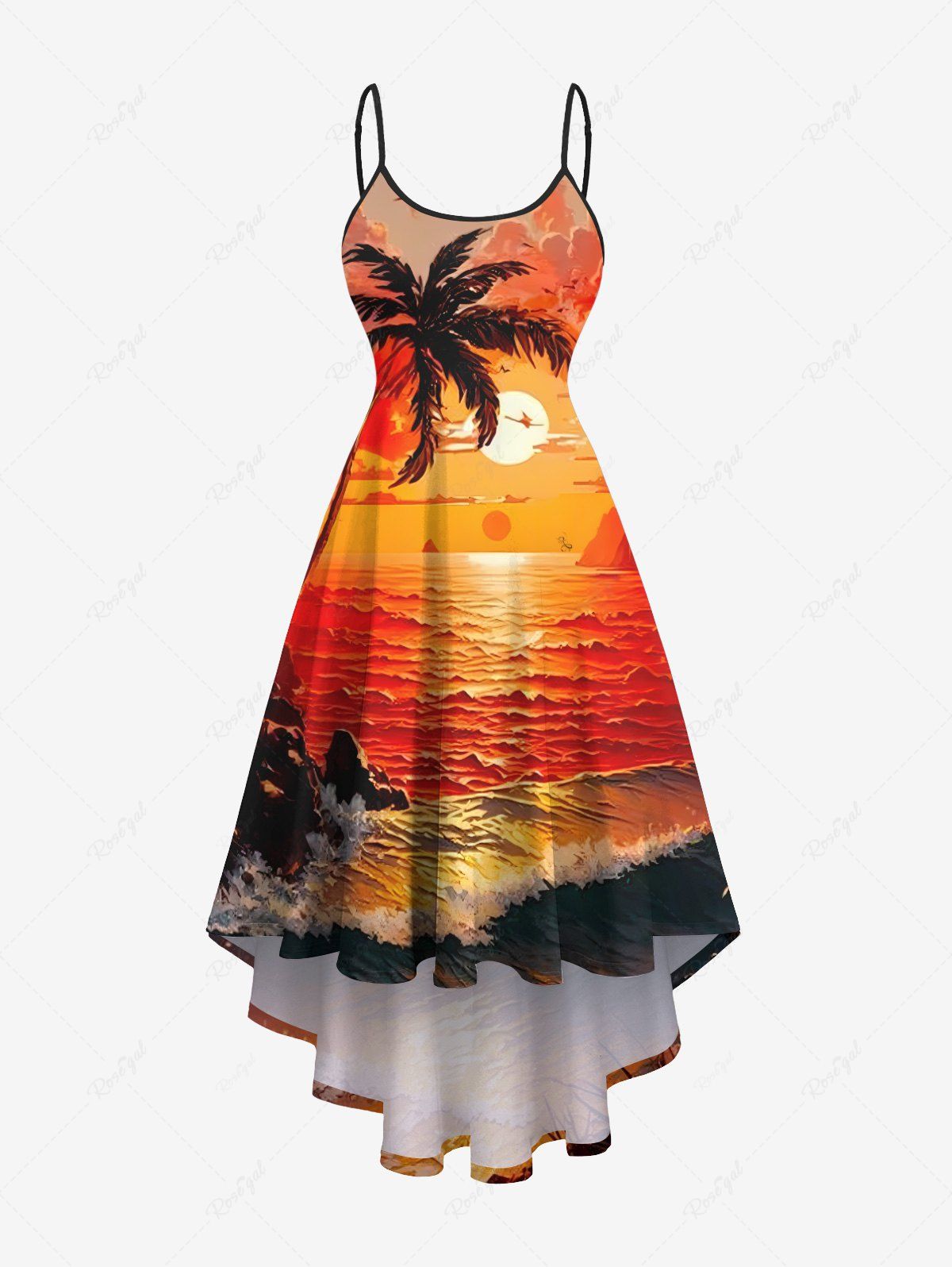 Robe camisole hawaïenne grande taille à imprimé paysage marin, cocotier, soleil, oiseaux et nuages Orange XXS