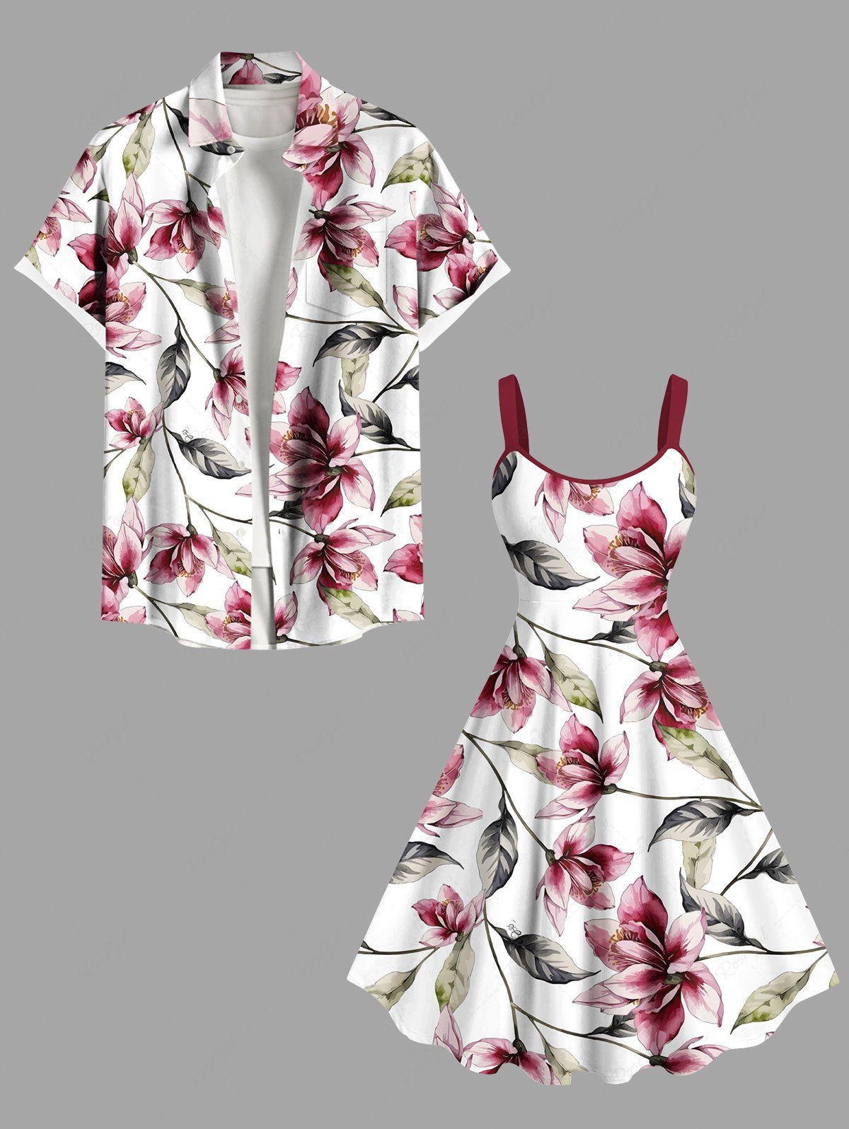 Shops Flowers Leaf Print Plus Size Matching Hawaii Beach Outfit For Couples  