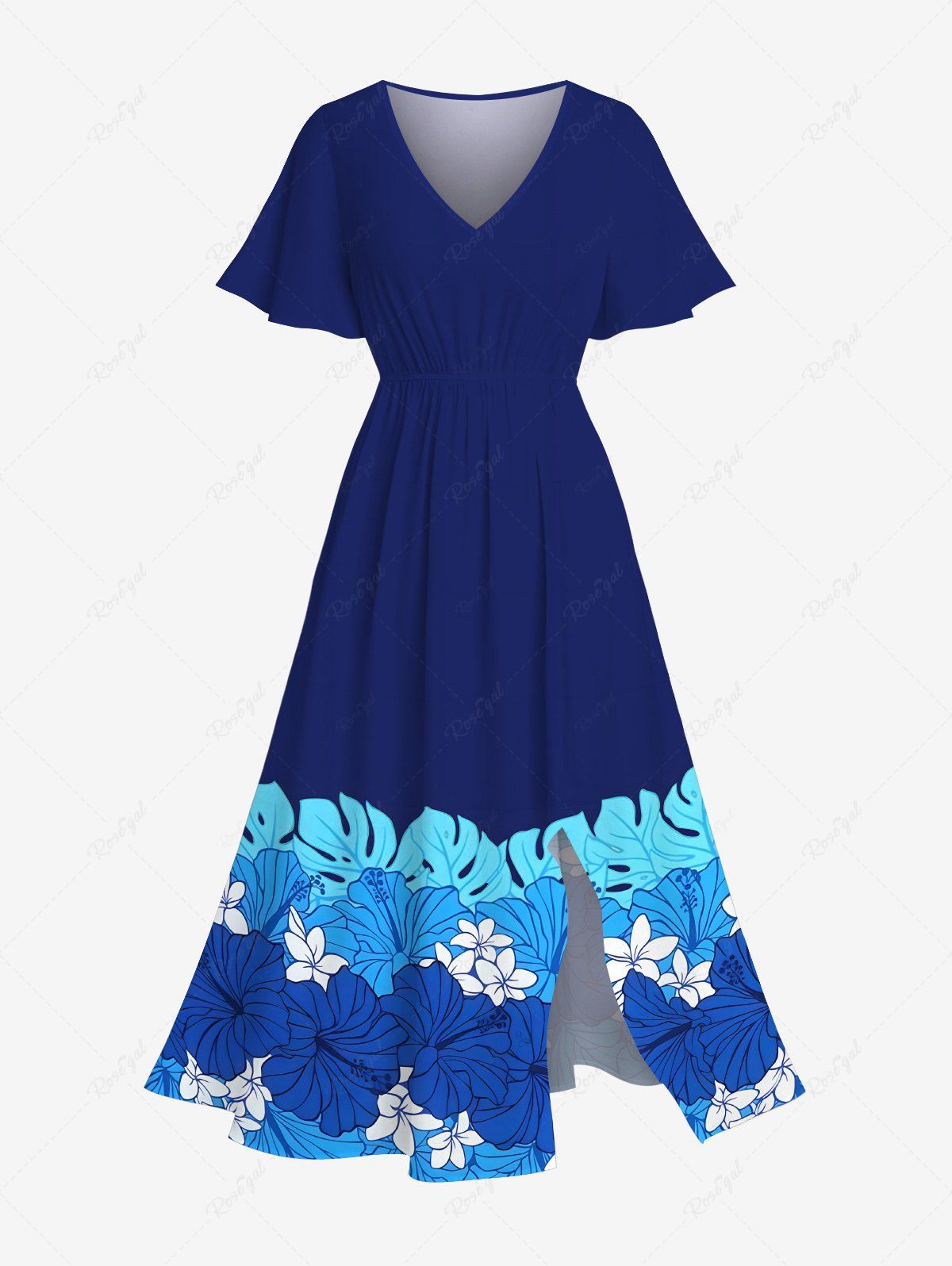 Robe mi-longue hawaïenne fendue grande taille à imprimé feuilles tropicales et fleurs d'hibiscus Bleu XXS