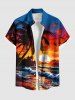 Tenue de plage hawaïenne assortie grande taille, imprimé cocotier, coucher de soleil et vagues, pour couples - Bleu 