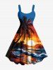 Tenue de plage hawaïenne assortie grande taille, imprimé cocotier, coucher de soleil et vagues, pour couples - Bleu 