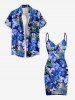 Tenue de plage hawaïenne assortie grande taille à imprimé feuilles et fleurs d'hibiscus pour couples - Bleu 