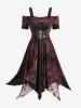 Gothic Plus Size Tie Dye Print Floral Flocking Ruched Buckles Panel Cold Shoulder Tank Dress -  