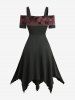Robe débardeur gothique grande taille à imprimé tie-dye et fleurs floquées, avec empiècements à boucles froncées et épaules dénudées - Rouge foncé 2X | US 18-20