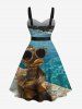 Robe trapèze boutonnée hawaïenne grande taille à imprimé canard frais et rivière avec ceinture amovible - Bleu 2X