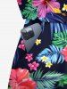 Plus Size Tropical Leaf Hibiscus Flower Print Hawaii Drawstring Pocket Romper -  