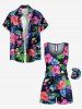 Plus Size Tropical Leaf Hibiscus Flower Print Hawaii Drawstring Pocket Romper -  