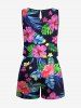 Plus Size Tropical Leaf Hibiscus Flower Print Hawaii Drawstring Pocket Romper -  