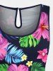 Plus Size Tropical Leaf Hibiscus Flower Print Hawaii Drawstring Pocket Romper -  