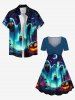 Plus Size Pumpkin Ghost Bat Galaxy Print Halloween Cinched A Line Dress -  