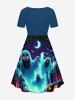 Plus Size Pumpkin Ghost Bat Galaxy Print Halloween Cinched A Line Dress -  