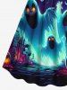 Plus Size Pumpkin Ghost Bat Galaxy Print Halloween Cinched A Line Dress -  
