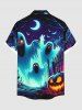 Plus Size Pumpkin Ghost Bat Galaxy Print Halloween Button Pocket Shirt For Men -  