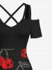 Robe longue croisée à épaules dénudées et imprimé crânes de cerises pour Halloween, grande taille - Noir 6X