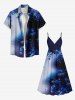 Robe camisole hawaïenne grande taille à imprimé étoiles et feuilles ombré galaxie - Bleu XXS