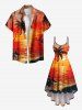 Robe camisole hawaïenne grande taille à imprimé paysage marin, cocotier, soleil, oiseaux et nuages - Orange XXS