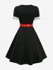Robe trapèze vintage patchwork à pois avec ceinture amovible à nouer - Noir S