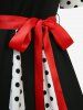 Polka Dot Printed Patchwork Vintage A Line Dress with Removable Tied Belt -  