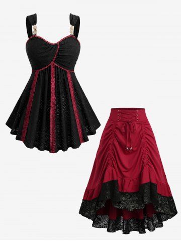 Gothic Jacquard Pointelle Hollow Out Contrast Piping Top and Lace Up Cinched Two Tone A Line Skirt Plus Size Outfit - BLACK