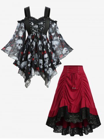 Skull Bowknot Heart Print Mesh Handkerchief Top and Lace Up Cinched Two Tone Patchwork A Line Skirt Plus Size Outfit - BLACK