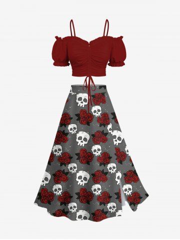 Ensemble assorti grande taille avec haut cintré uni et jupe trapèze fendue à imprimé tête de mort et rose