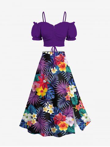 Ensemble assorti haut cintré uni et jupe trapèze fendue à imprimé feuilles tropicales et fleurs d'hibiscus hawaïennes grande taille