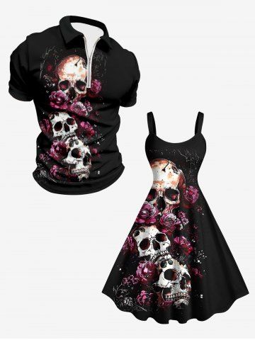 Tenue assortie grande taille pour couple, motif tête de mort et rose, pour Halloween