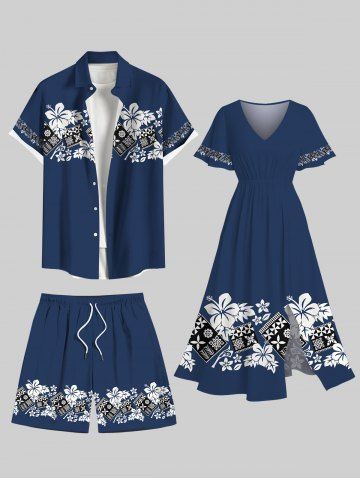 Flower Leaf Geometric Blocks Print Plus Size Matching Hawaii Beach Outfit For Couples - DEEP BLUE
