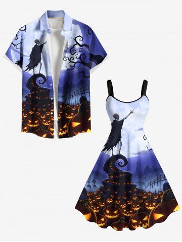 Halloween Pumpkin Lantern Skeleton Wizard Tree Moon Print Plus Size Matching Outfit For Couples