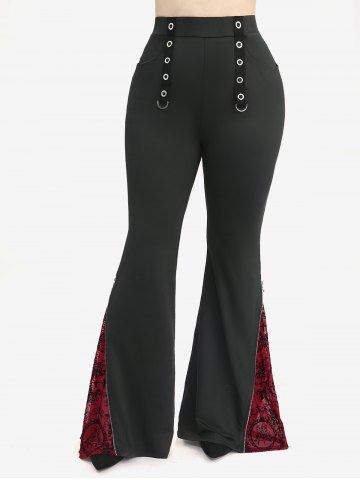 Tie Dye Print Lace Up Tank Top and Floral Cross Flocking Zipper Flare Pants Plus Size Outfit