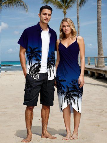 Coconut Tree Ombre Colorblock Print Plus Size Matching Hawaii Beach Outfit For Couples