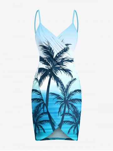 Plus Size Coconut Tree Ombre Colorblock Sea Bird Print Convertible Hawaii Beach Cover - LIGHT BLUE - XXS