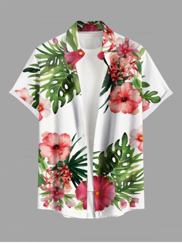 Plus Size Hibiscus Flowers Tropical Leaf Print Buttons Pocket Hawaii Shirt For Men - WHITE - 4XL