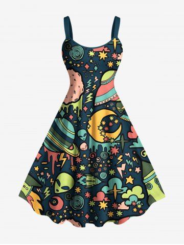 Plus Size Galaxy Star Moon Planet Alien Print Hawaii Tank Dress - BLACK - 2X