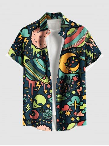 Plus Size Galaxy Star Moon Planet Alien Print Buttons Pocket Hawaii Shirt For Men - BLACK - 5XL