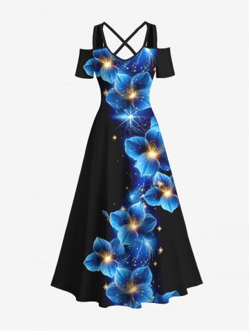 Plus Size Flowers Glitter 3D Print Cold Shoulder Crisscross Hawaii Maxi Dress - BLACK - 6X