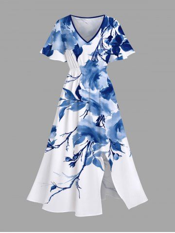 Plus Size Watercolor Flowers Leaf Print Split Hawaii Midi Dress - BLUE - XS