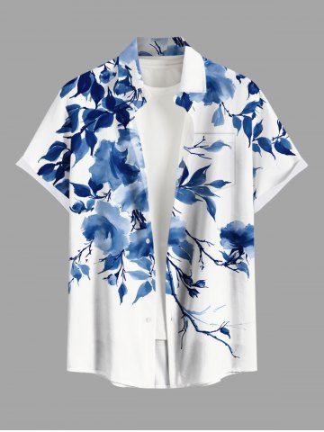 Plus Size Watercolor Flowers Leaf Print Buttons Pocket Hawaii Shirt For Men - BLUE - L