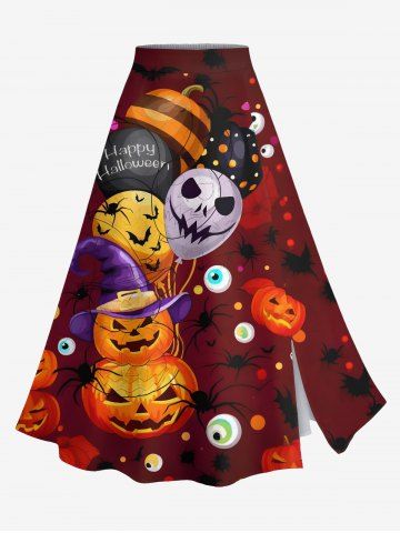 Plus Size Halloween Pumpkin Skull Balloon Eyes Bat Print Split Skirt - DEEP RED - L