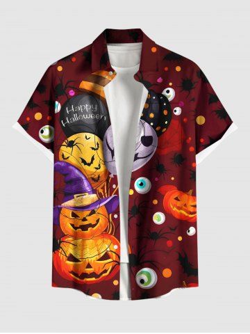 Plus Size Halloween Pumpkin Skull Balloon Eyes Bat Print Buttons Pocket Shirt For Men