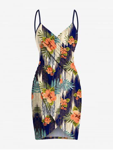 Plus Size Tropical Leaf Hibiscus Flower Waves Print Hawaii Convertible Beach Cover Up - BLUE - 5X