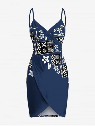 Plus Size Flower Ethnic Graphic Print Hawaii Convertible Beach Cover Up - DEEP BLUE - 4X