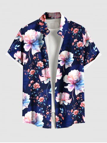 Plus Size Ombre Flower Print Hawaii Button Pocket Shirt For Men - BLUE - M