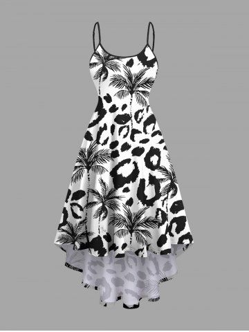 Plus Size Coconut Tree Leopard Print Hawaii High Low Asymmetric Cami Dress - BLACK - M