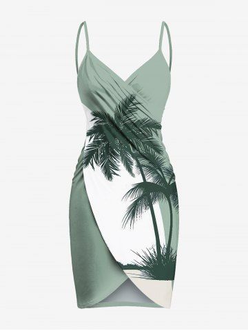 Plus Size Coconut Tree Curve Print Hawaii Convertible Beach Cover Up - GREEN - XS
