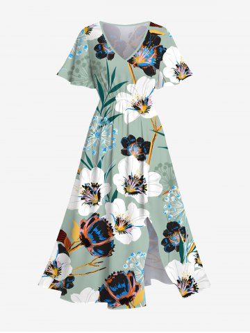 Plus Size Ombre Flower Leaf Print Hawaii Split Pocket A Line Midi Dress - LIGHT GREEN - XXS