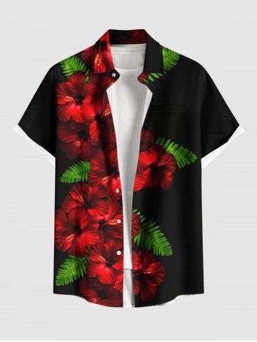 Plus Size Tropical Leaf Hibiscus Flower Print Hawaii Button Pocket Shirt For Men - BLACK - XL