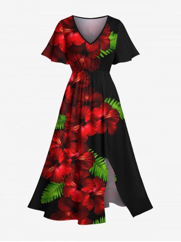 Plus Size Tropical Leaf Hibiscus Flower Print Hawaii Split Pocket A Line Midi Dress - RED - XS