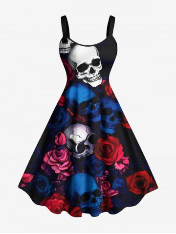 Plus Size Skull Rose Flower Print Halloween A Line Tank Dress - BLACK - XXS