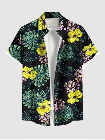 Plus Size Tropical Leaf Hibiscus Flower Print Hawaii Button Pocket Shirt For Men - BLACK - 3XL
